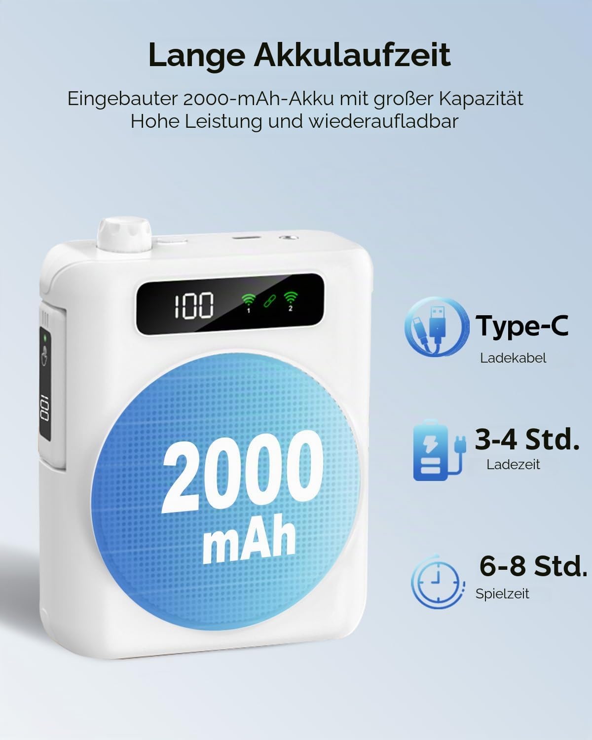 Sprachverstärker mit mikrofon,Sprachverstärker Tragbar mit 2 drahtlosen Lavalier Mikrofons,Kabellos Sprachverstärker Bluetooth, Lautsprecher mit Mikrofon für Lehrer, Reiseleiter, Trainer (weiß‌)