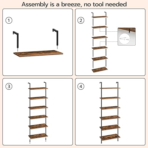 Miniatura 9 de HOOBRO Estantería de escalera de bricolaje, estantería de pared de 6 niveles, estantería vertical de oficina, estantes de almacenamiento de madera