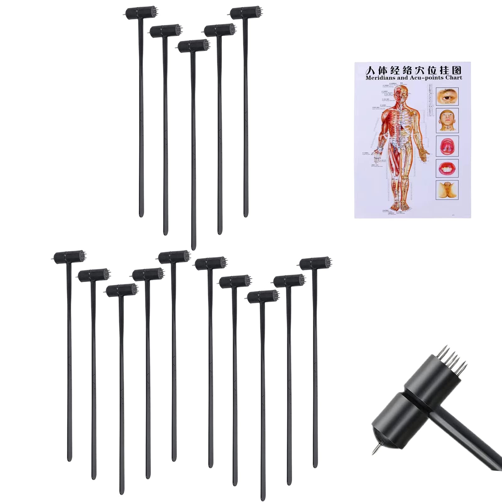 MIJIE 7 Star N_eedle Acupuncture, 7 Star N_eedle & Plum Blossom Dermal Hammer Width a Chart -Acupuncture Human Body Charts Meridians and Acupuncture Points (15PCS Width a Acupoint Chart)