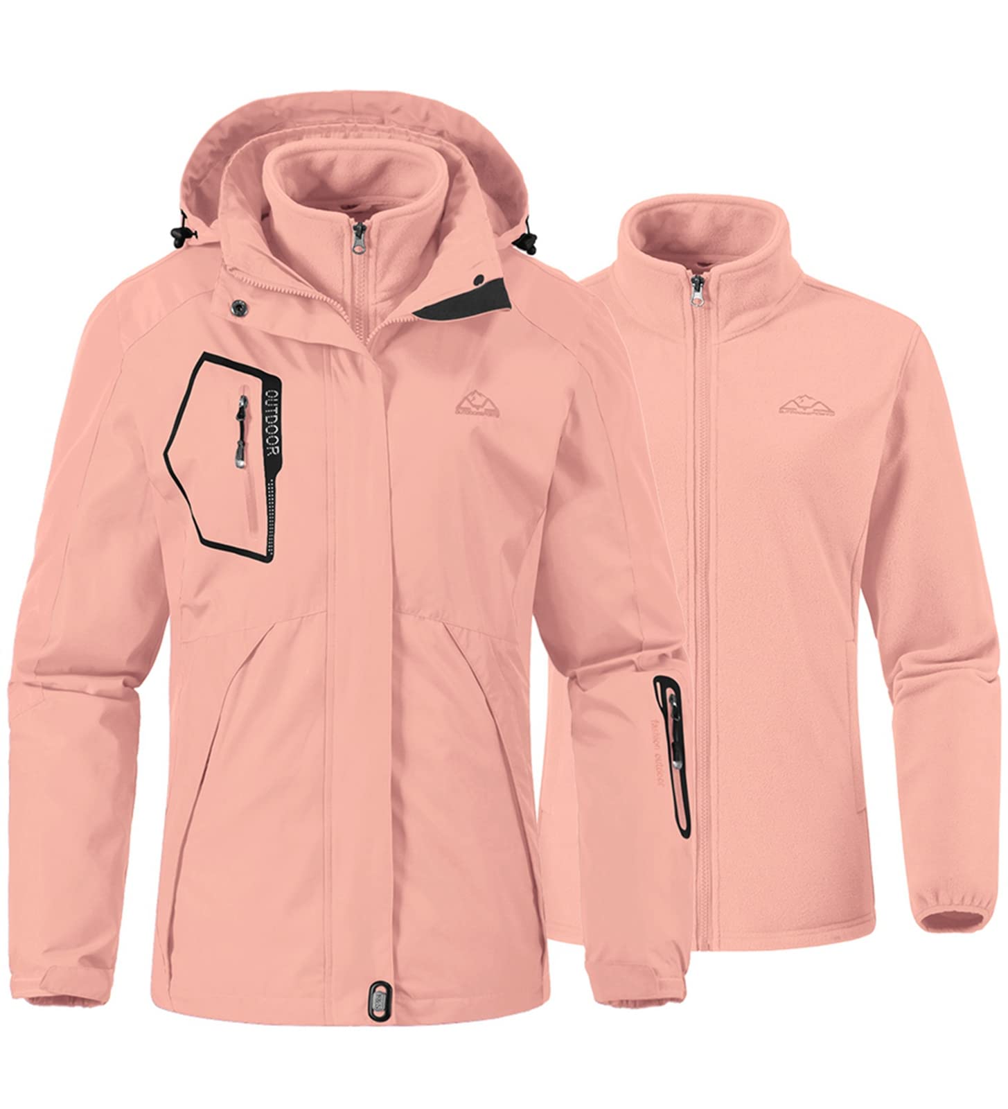 YSENTO Veste de ski 3 en 1 pour femme - Veste polaire imperméable - Coupe-vent - Chaud et fonctionnelle - Avec capuche amovible, Rose, L