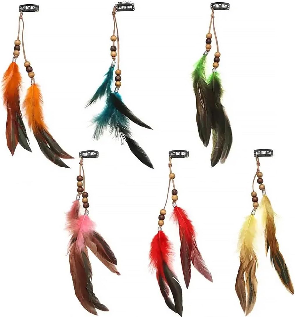 Pack of 6 Feather Hair Extensions Boho Feathers Hair Accessories Headpiece Hair Extensions Hippie Headpiece with Peacock Feathers Boho Hair Accessories Women's Cosplay Hair Decoration