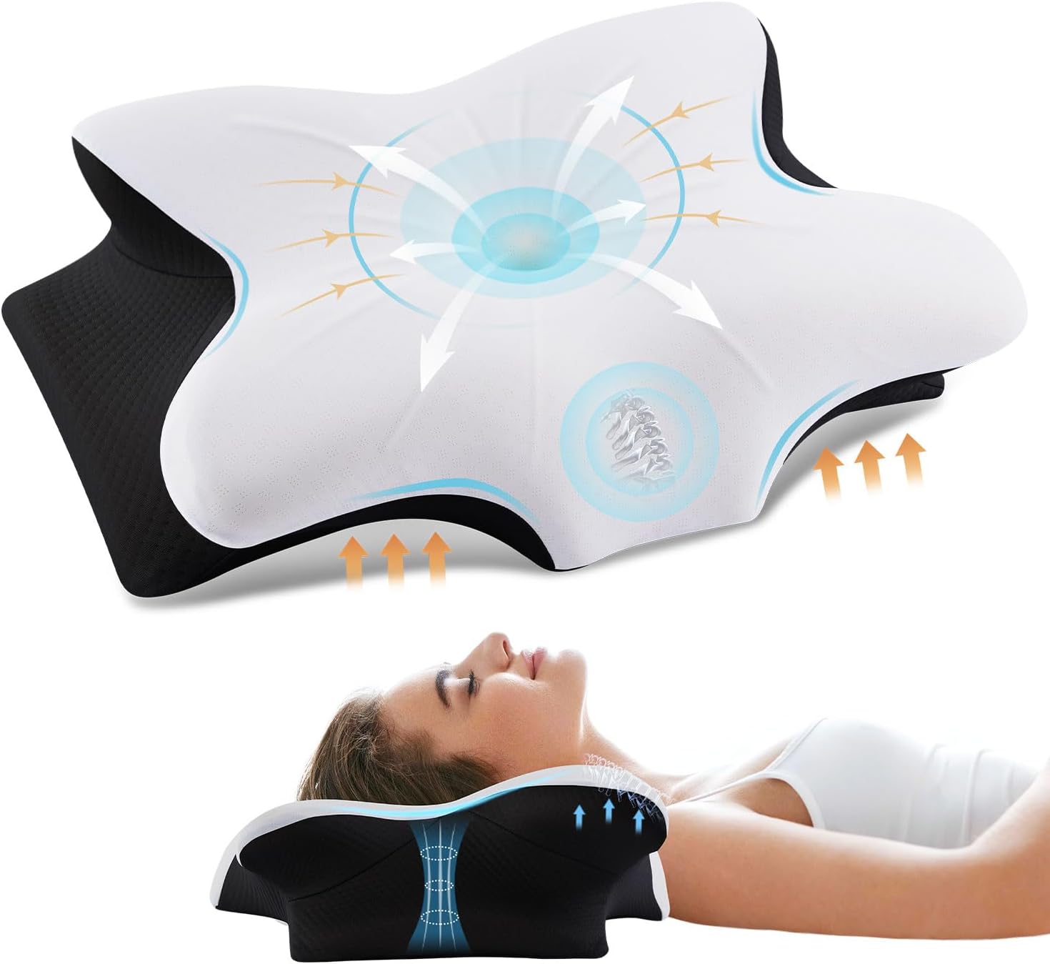 Cervical Neck Pillow for Pain Relief, Ergonomic Memory Foam Pillows for Sleeping with Washable Pillowcase & 2 Height Options, Cooling Contour Neck Support Pillow for Back Stomach Side Sleepers