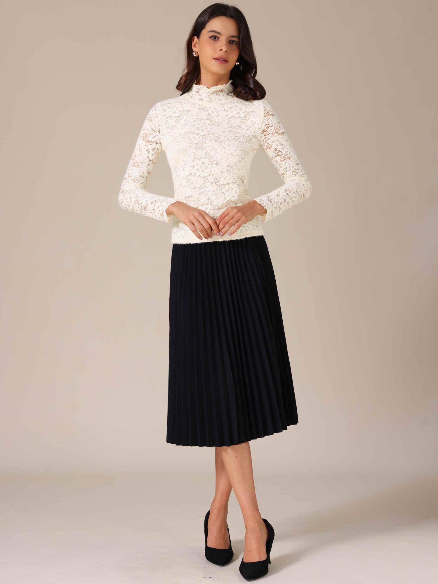 Allegra K Camicetta floreale da donna autunno inverno 2025 basic in pizzo a maniche lunghe con collo a volant