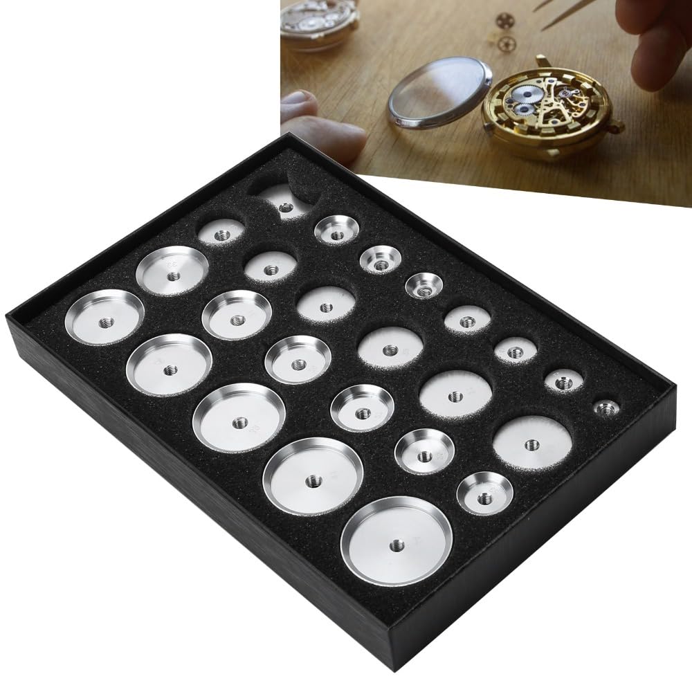 Juego de 25 discos de prensa de aluminio plateado para reparación de relojes, para reparación de relojes, cubierta trasera de reloj, instalación de trabajos de mantenimiento