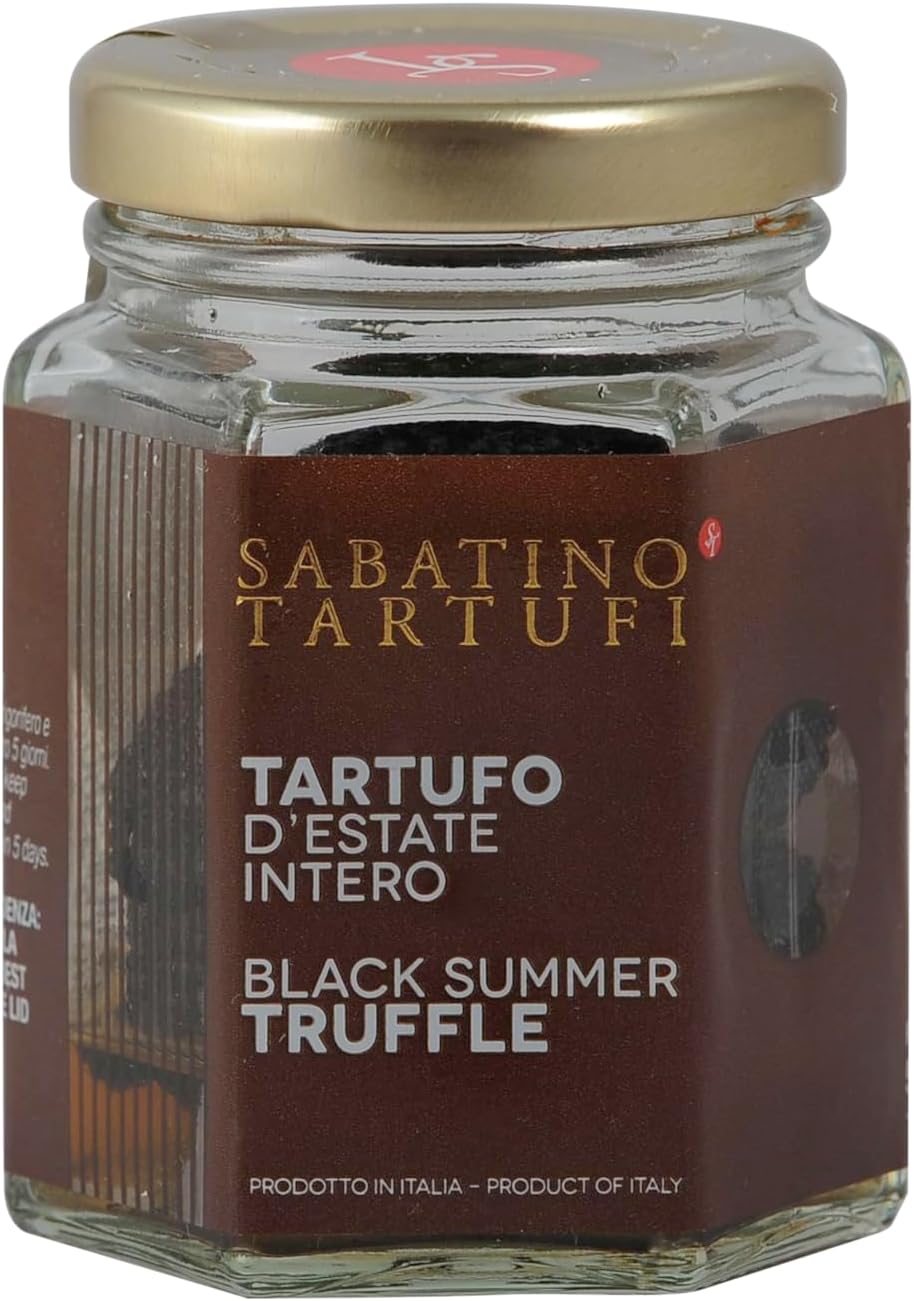 SABATINO TARTUFI Whole Black Summer Truffle In Jar โ Italian Aromatic Brine | Non-GMO, Vegan, Kosher | Dairy, Gluten & Soy Free | For Minced or Sliced Over Eggs, Pasta, Polenta, Rice (50 Gram)