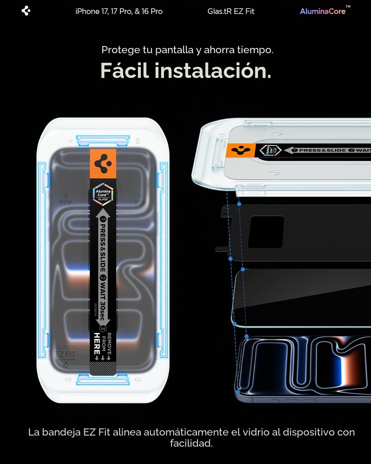 Spigen Glas.tR EZ Fit Protector Pantalla para iPhone 17, iPhone 17 Pro, iPhone 16 Pro, 2 Unidades, Instalación Fácil, Alta Definicion, Dureza 9H