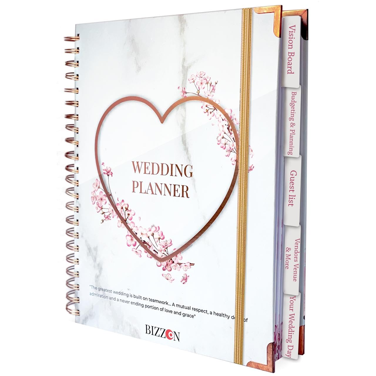Bizzon Hochzeitsplaner (22,9 x 27,9 cm) mit 5 Registerkarten und 7 Innentaschen, 18 Monate CountdownKalender, Metallecken und elastischem Band – Hochzeitsplanerbuch und Organizer für die Braut 2022