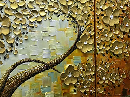 V-inspire Golden Flower Paintings, 36x72 Inch 3D Abstract Paintings Oil Hand Painting On Canvas Wood Inside Framed Ready to Hang Wall Decoration For Living Room Bed Room - Thumbnail 4