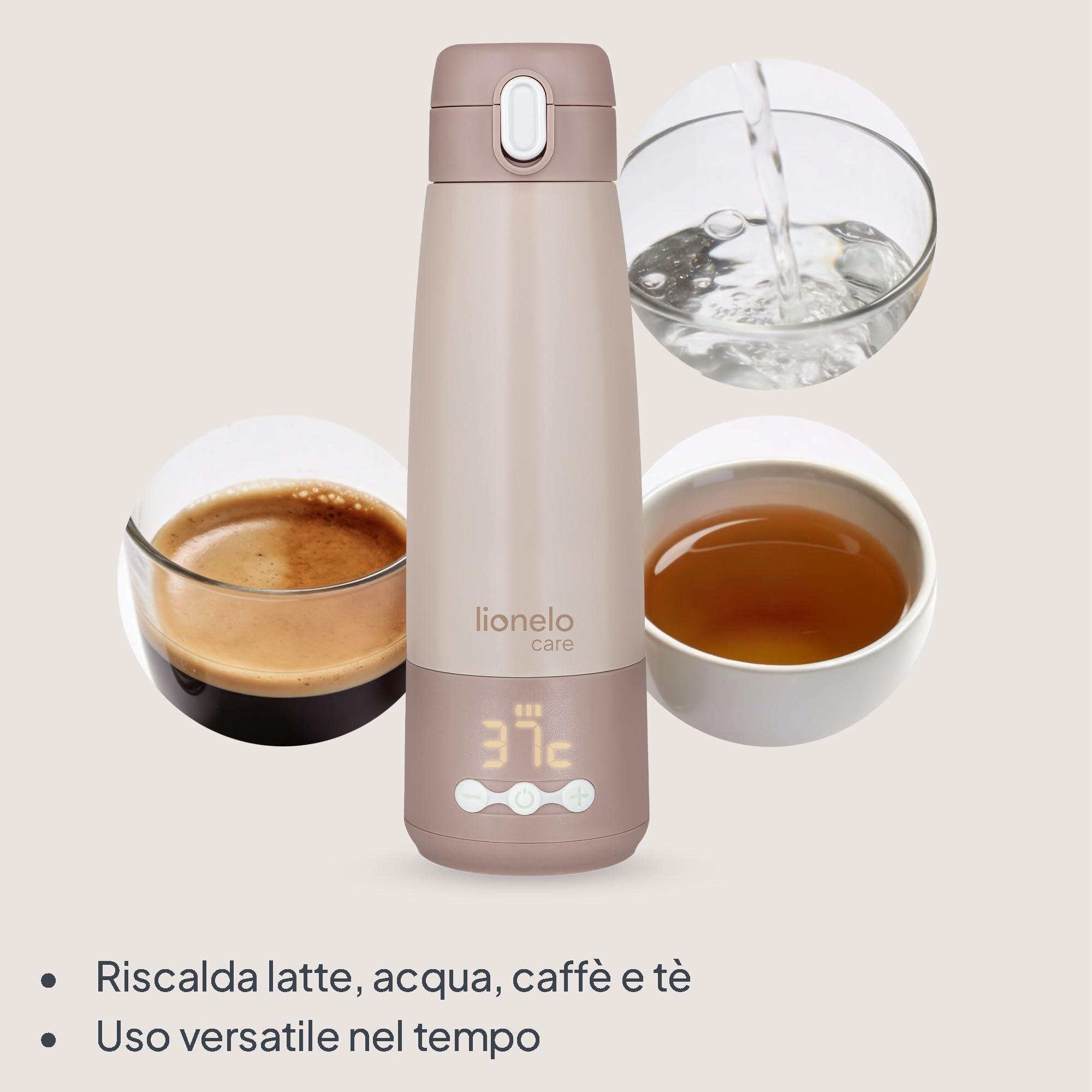 Lionelo THERMUP BOTTLE Scaldalatte Portatile Senza Fili, Compatto 350 ml, Riscalda Latte o Acqua in 3,5 Min, Controllo Temperatura 37-55°C a 5 Livelli, Termos per Latte fino a 20 h, Display