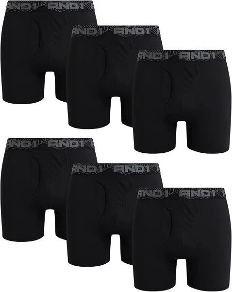 AND1 Mens Boxer Briefs - 6 Pack Platinum Performance Mens Boxers with Fly Pouch - Underwear Boxers for Men, 6" Inseam, Size Large, Black