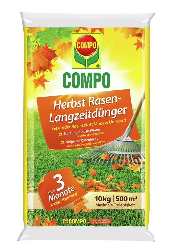 COMPO Rasen-Set, Herbst-Rasen Langzeit-Dünger, Rasendünger, 3 Monate Langzeitwirkung, 10 kg, 500 m² und Turbo Nachsaat, Rasensamen, Mit Keimsicherheit, 2,6 kg, 130 m²