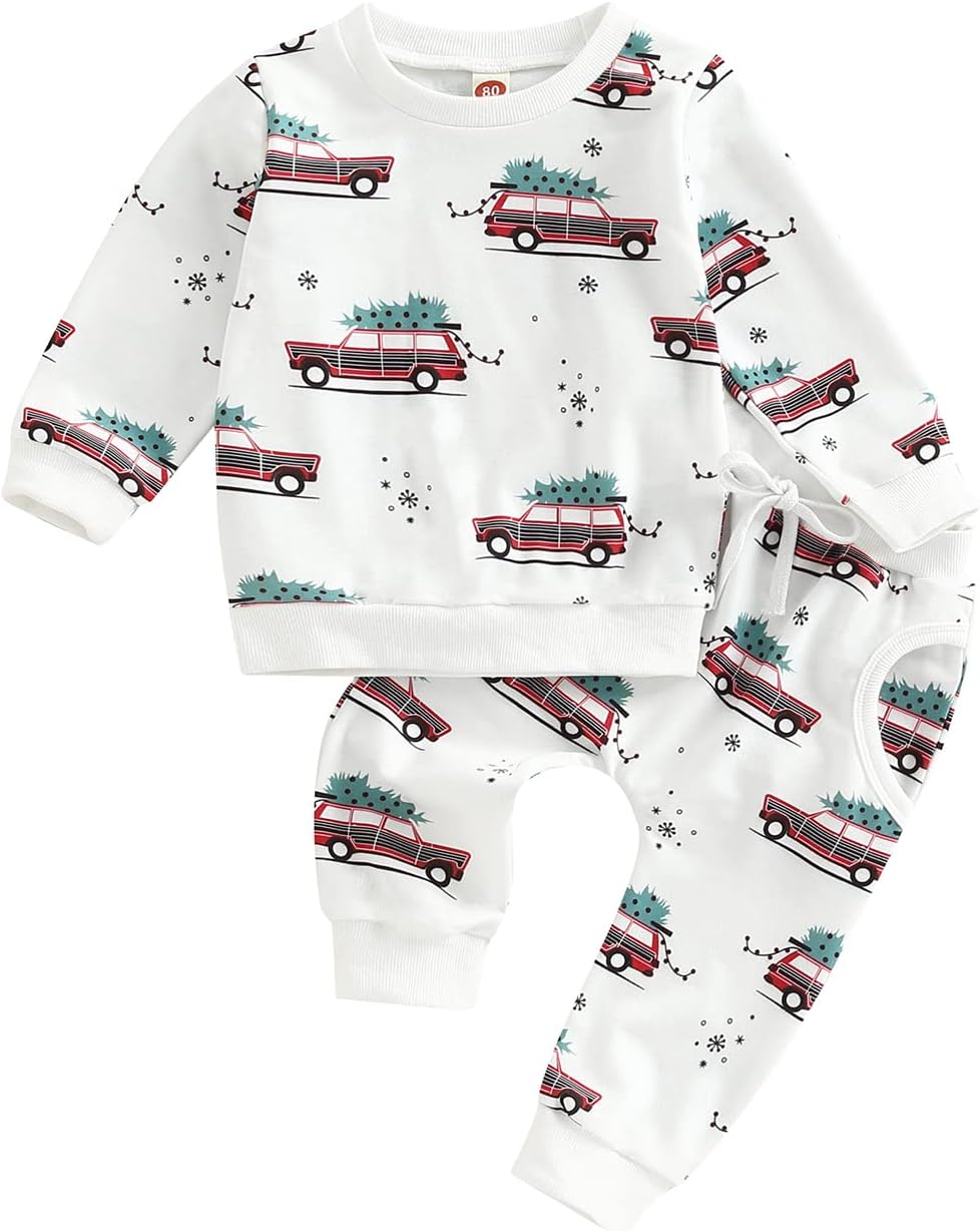 2Pcs Baby Christmas Outfit Girl Boy Xmas Car Crewneck Sweatshirt Long Sleeve Top Pants Set Fall Winter Clothes