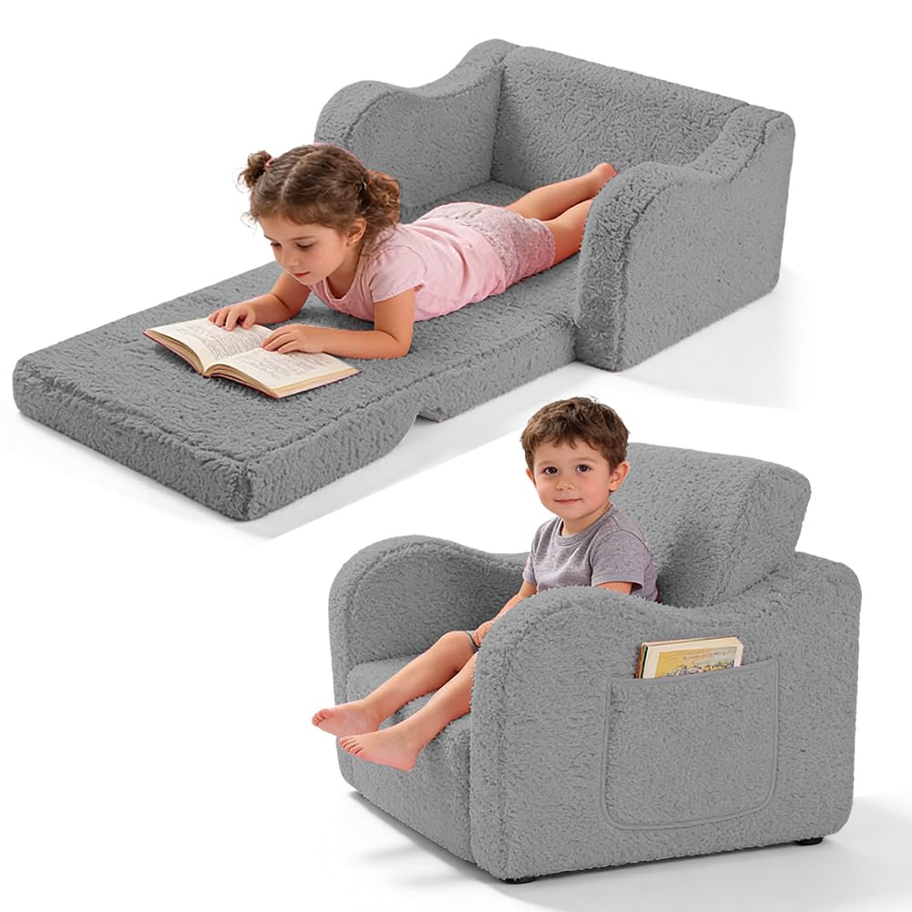 Canapé pour enfant pliable 2 en 1 pour enfants à partir de 1 an et canapé pour enfants avec housse amovible – Coin douillet pour chambre d'enfant, doux et sûr pour filles et garçons (gris)