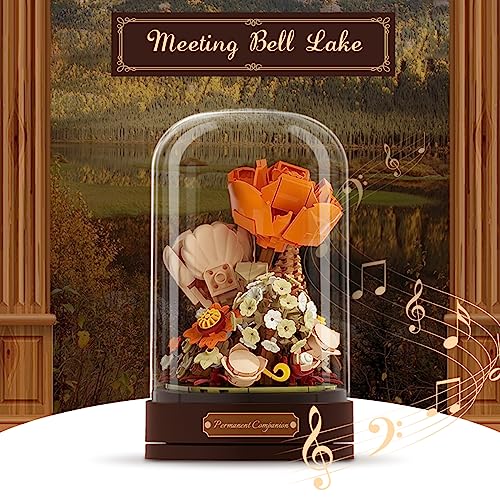 MEIEST Building Blocks Flowers Bouquet Set with Music Box and Dust-Proof Dome,DIY Simulation Artificial Particle Flower Collection Construction Building Bricks Toy,Home Decor (Yellow) - Image 2
