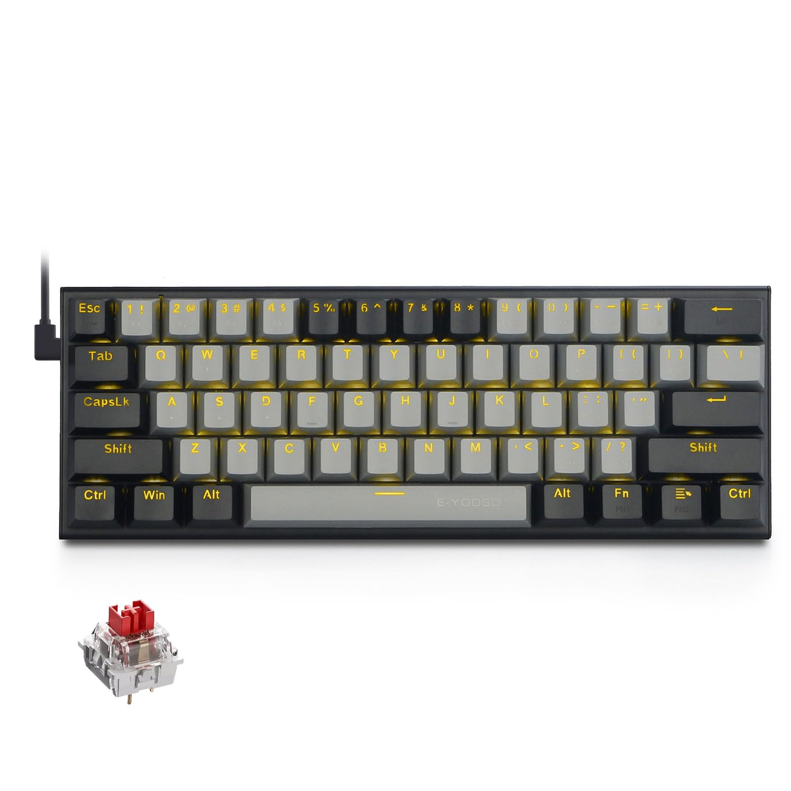 E-Yooso Z11 Clavier mécanique 61 touches, commutateurs rouges, clavier de jeu QWERTY filaire avec rétroéclairage LED, clavier d'ordinateur ultra compact à 60 % pour Windows (gris noir)