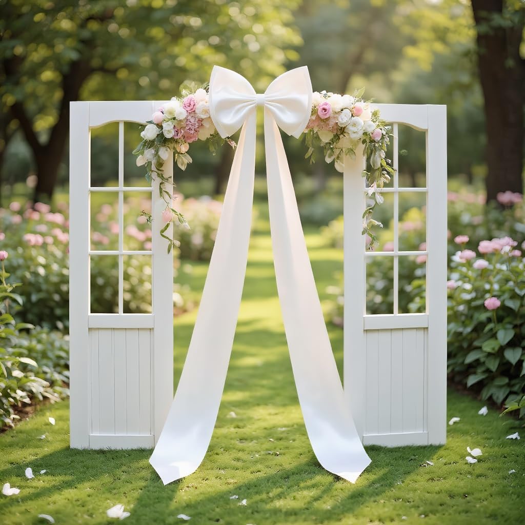 Jumbo Blush Pink Satin Ribbon Bow - Stunning Wall Hanging for Birthday, Baby Shower, Wedding & Festive Party Supplies (White)