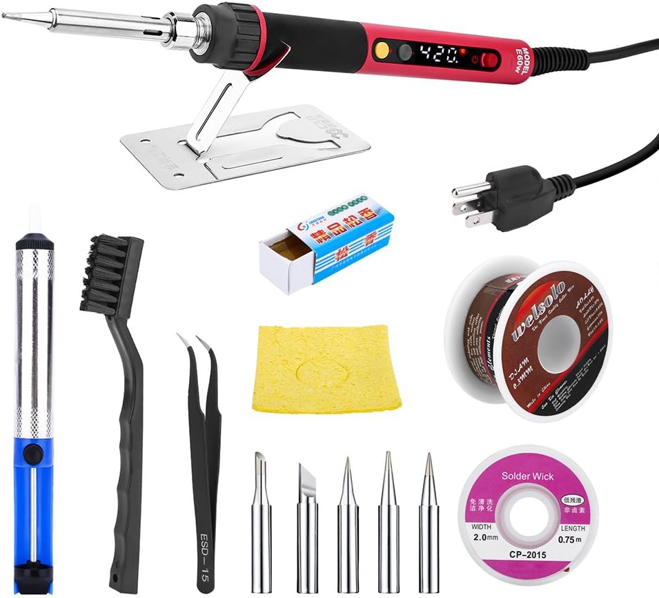 Soldering Iron Kit 60W Digital Adjustable Thermostat Temperature LCD Electronics Soldering Iron with Tips,Solder Sucker, Desoldering Wick, Solder Wire, Tweezer, Rosin, Cleaning Brush, Stand, Sponge