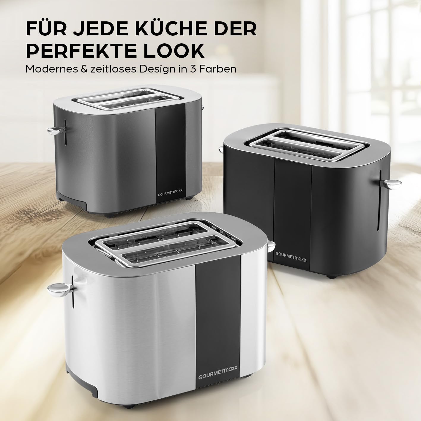 GOURMETmaxx Toaster Kurzschlitz für 2-Scheiben | Toaströster Anthrazit mit 6 Bräunungsgraden und Ready-2-eat-Countdown | Elektrisches Küchengerät mit Touchdisplay, Brötchenaufsatz & Aufwärmfunktion