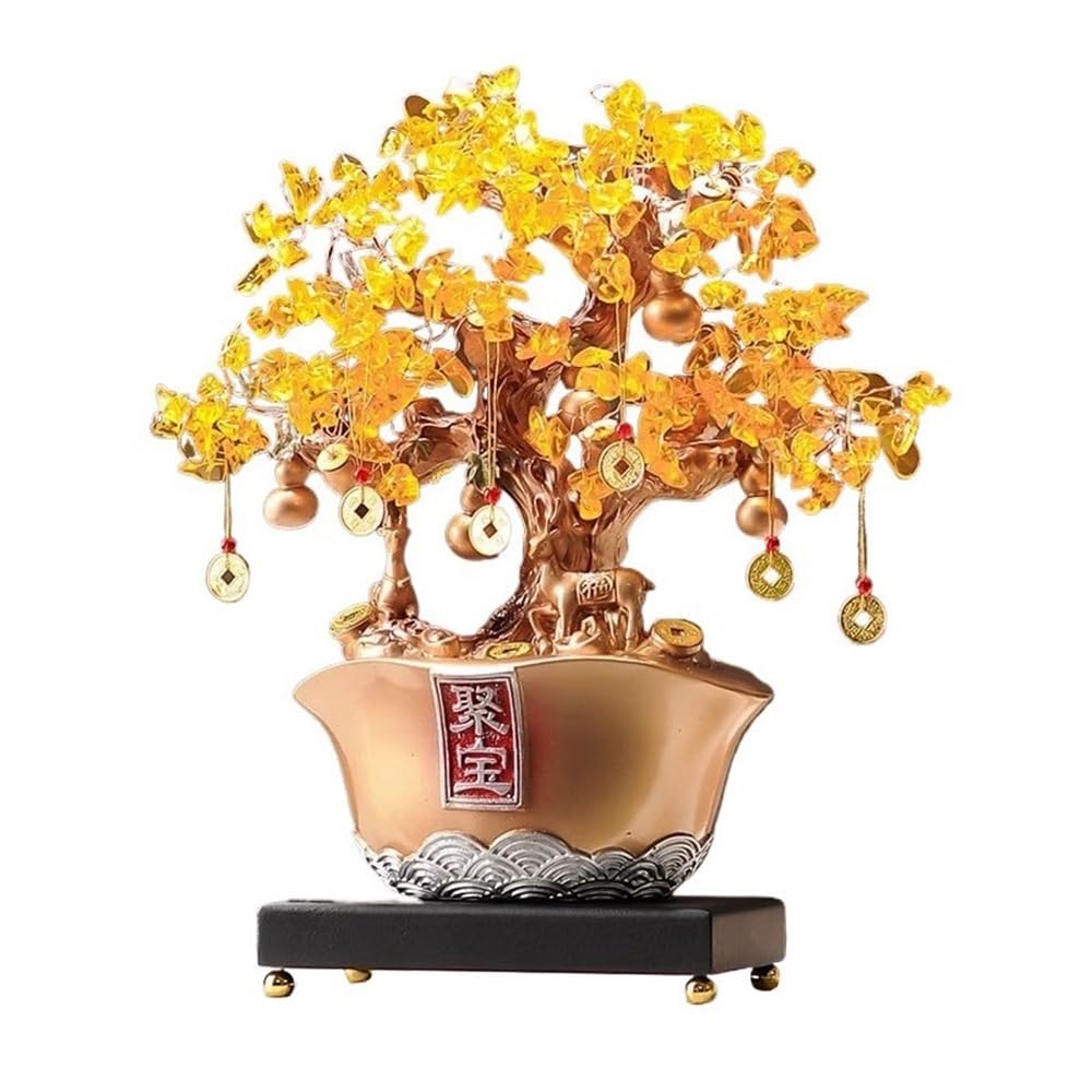 Home Decor Crystal Tree with Gold Ingot, Home Wealth Prosperity Table Decoration, Feng Shui Reiki Balancing Ornament Bonsai(Gold)