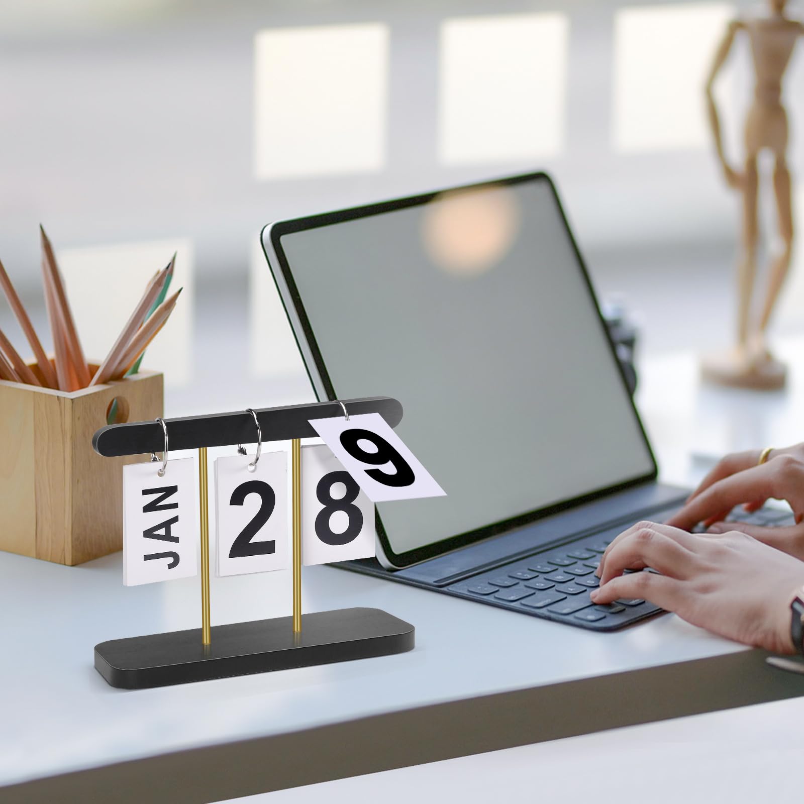 Wood & Metal Perpetual Flip Calendar, Reusable Wooden Desk