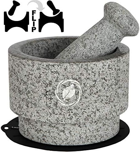 Laevo Mortar and Pestle Set (Large) | Gray Granite | Stone Spice Grinder | 2.1 Cup Capacity | 5.5 inch | Reversible | Molcajete Mexicano | Guacamole, Pesto, Spices |Large Mortar & Pestles | Gift Set