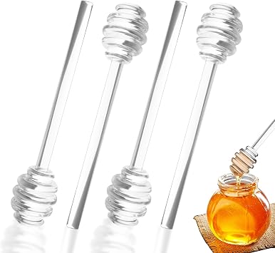4 Pieces Clear Glass Honey Dipper,Syrups Mixing Stirrer Spoon,Honeycomb Stick for Honey Jar Dispense Drizzle Honey and Wedding Party Favors Gift,6 inches