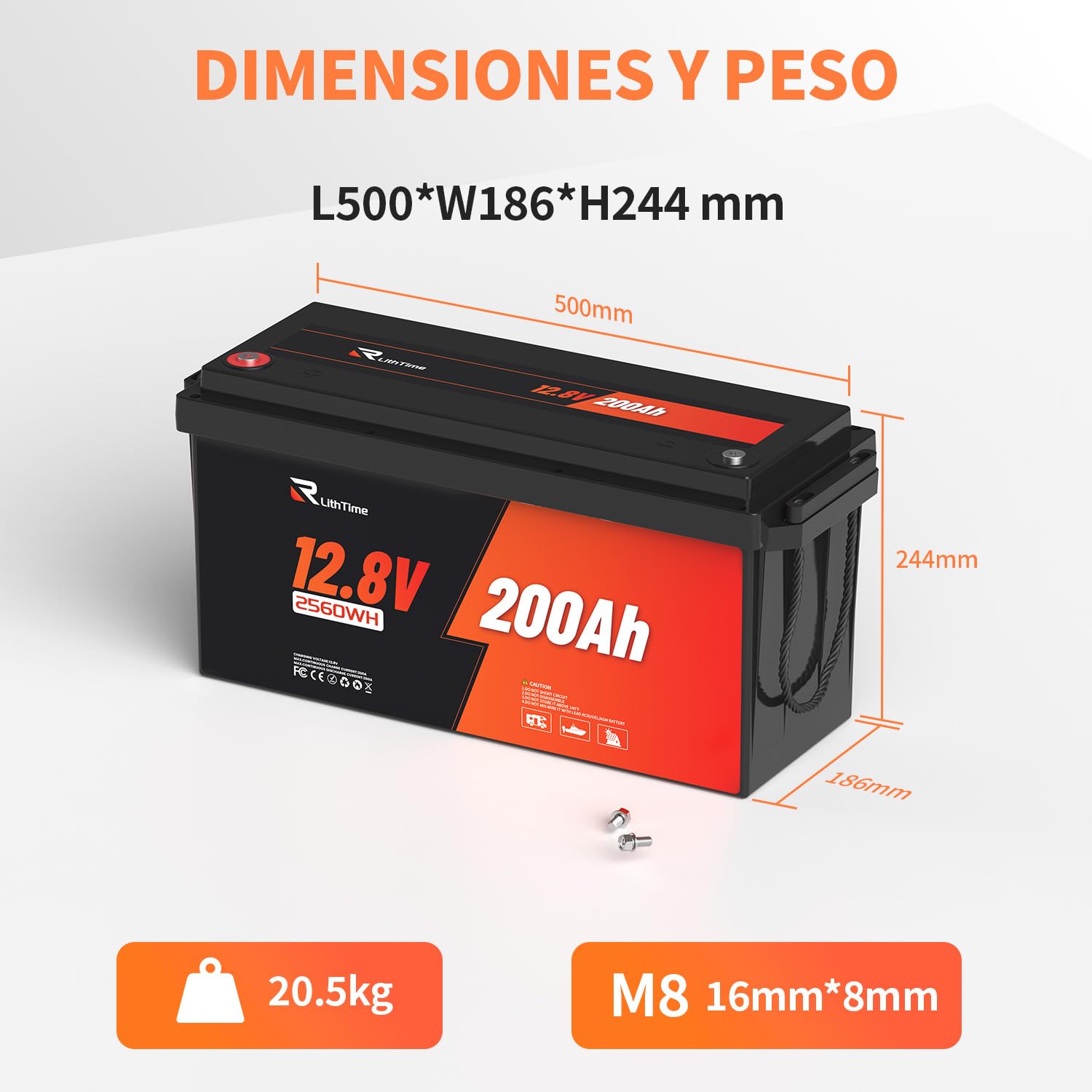 Bateria de Litio 12V 200Ah, Batería Lifepo4 con Celdas A-Grade BMS 200A Protección IP65 4500-16000 Ciclos para Sistemas Off-Grid y Vehículos Recreativos