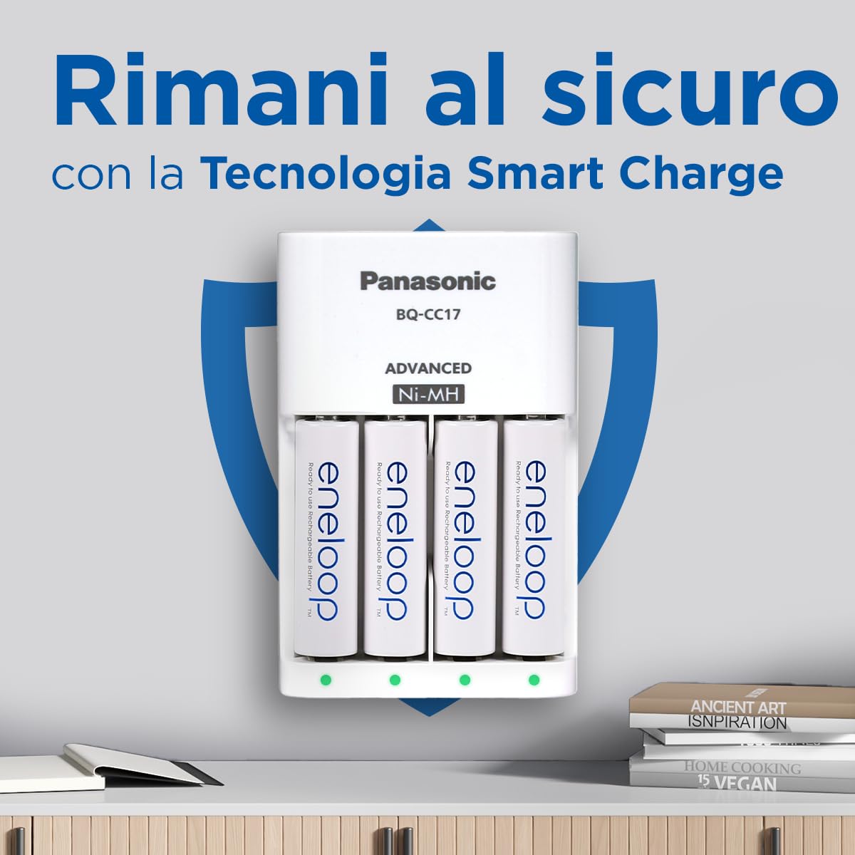 eneloop Caricabatterie Smart per Batterie AA/AAA Ni-MH, Include 4 Batterie AA 2000 mAh, 100-240V, Ricarica in 7 Ore