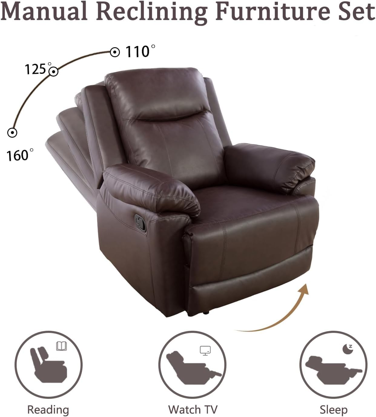 3 piece Reclining Living Room Set, Brown Leather Couch with 5 Recliners, Leather Reclining Living Room Furniture Set, Manual Recliner Sofa Set for Living Room
