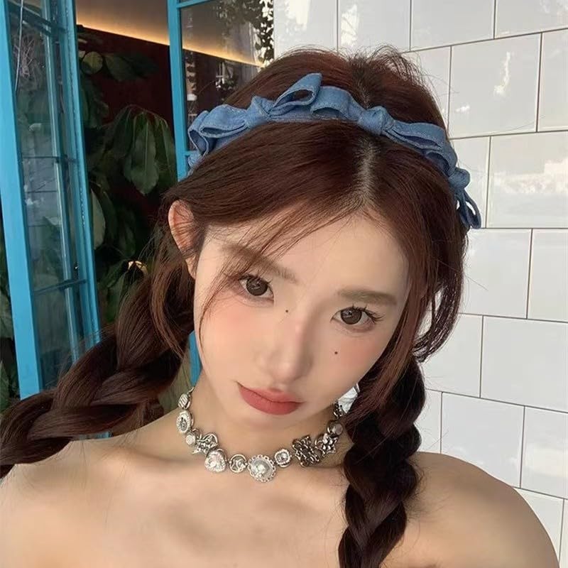 Fascia per capelli da donna, vintage, con fiocco in denim, sottile, per donne e ragazze, fascia per capelli vintage per donne e ragazze