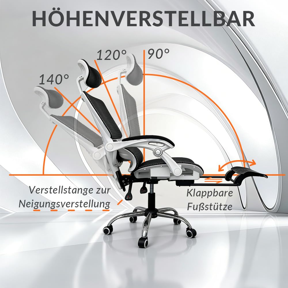 Sedia da ufficio ergonomica con forte supporto lombare regolabile, in rete traspirante, con ampia seduta, poggiapiedi, stabile scrivania per computer (bianco)