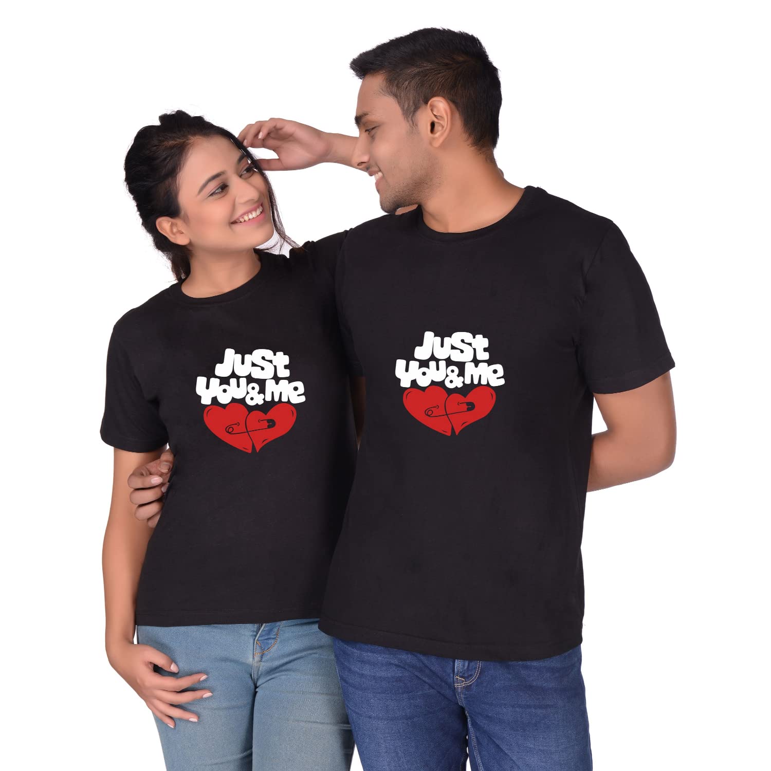 DeshiDukan Men Women Cotton Printed Half Sleeve Regular Fit Lover Couple T-Shirts - Just You and Me