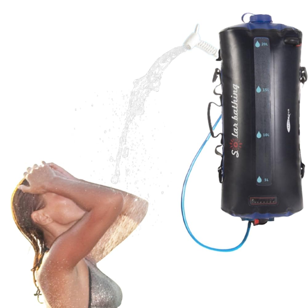 キャンプシャワーバッグ アウトドア太陽熱温水バッグ 水遊び温水 ソーラーシャワー 太陽熱温水シャワーパック 20L 吊り下げ式給水バッグ 太陽光で