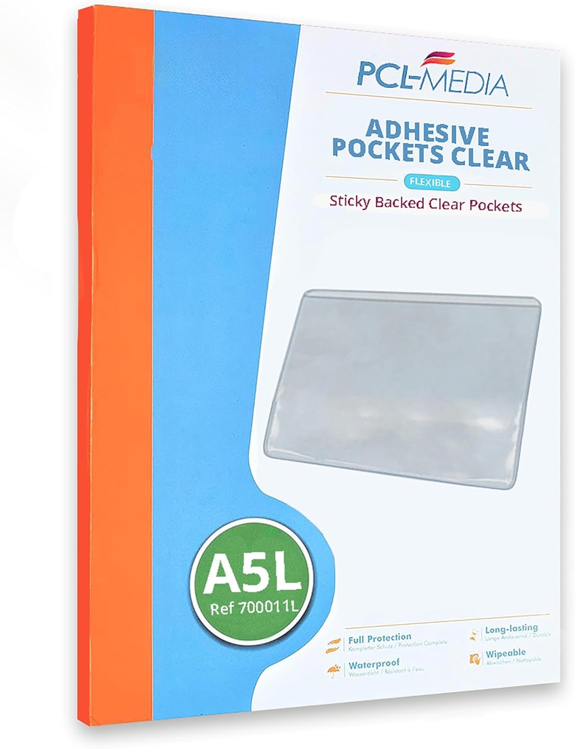 PCL Media ltd® Self Adhesive Clear A5 Pocket 217 x 158mm (Pack of 5) Long Edge Opening Adhesive Holder Pocket Protectors - Adhesive Documents Pocket - Self Adhesive Card Holder - Adhesive Pockets