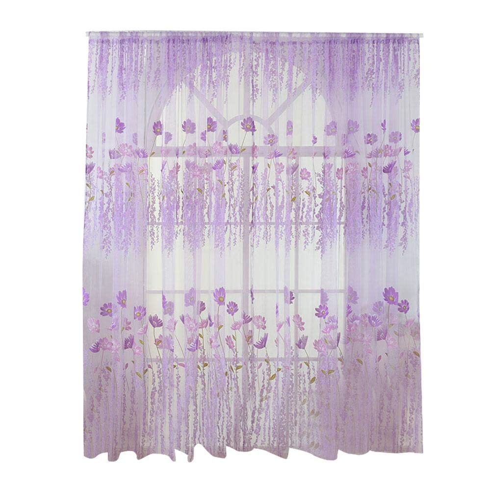 idalinya Blackout Curtains Polyester Floral Pattern Window Tulle Voile Curtain Bedroom Living Room Decor(Purple)