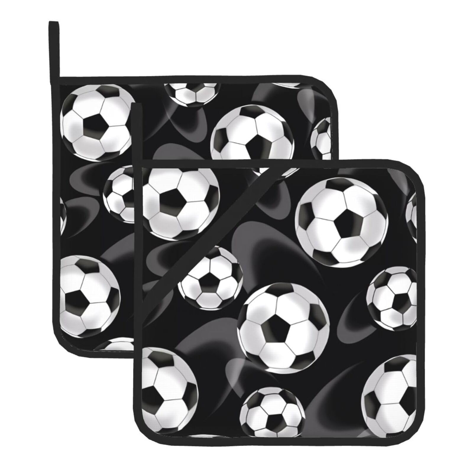 WHJSSF Soccer Black Prints Square Hot Pads for Kitchen Counter - Waterproof Trivets with Hanging Loop, Thick Pot Covers for Serving, Oven & BBQ - Set of 2 (1 with Pocket)