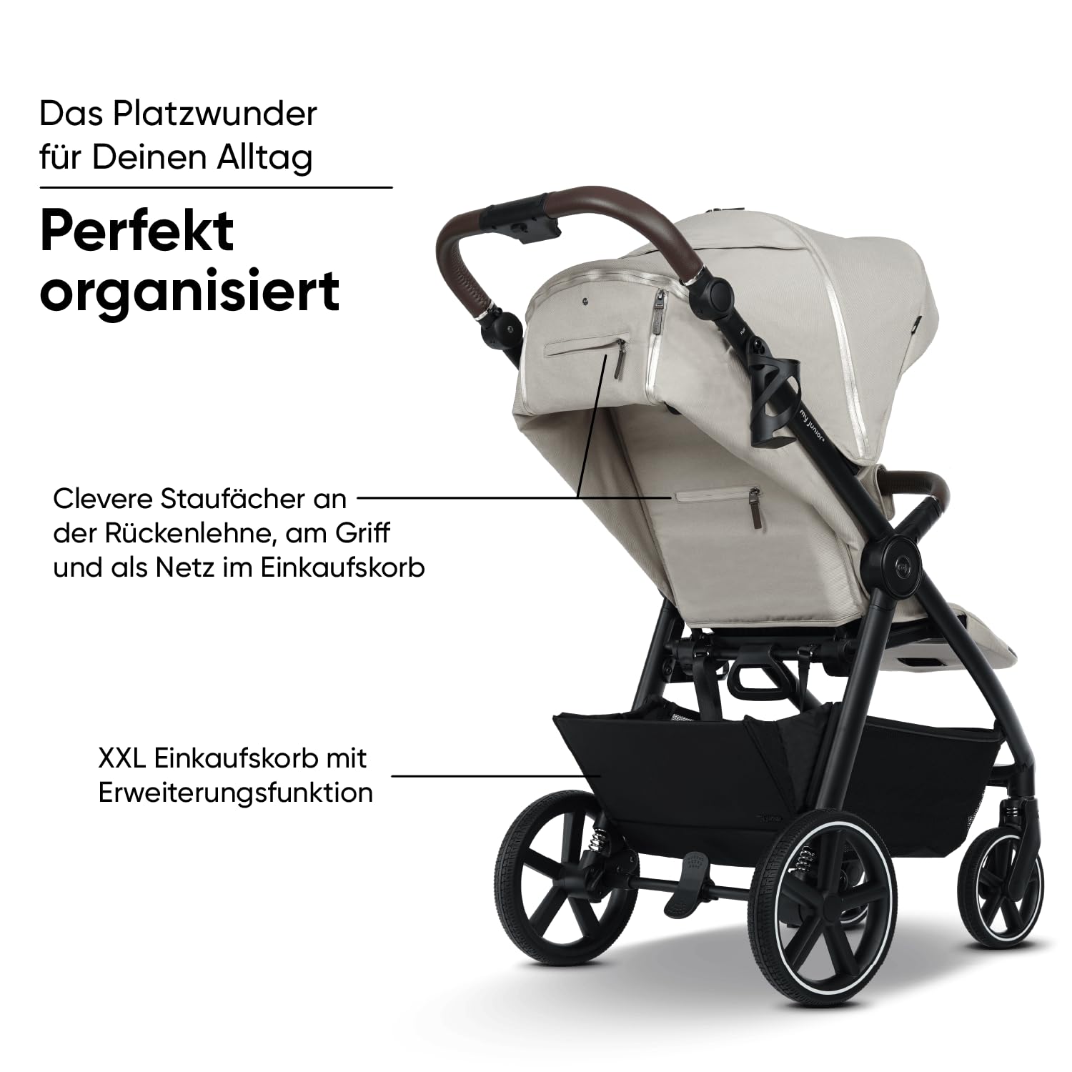 my junior® PLIA² | großer Komfortbuggy mit Luftkammerreifen, Einhand-Faltmechanismus, einstellbare Federung, XXL-Einkaufskorb & -Verdeck, Belüftung, inkl. Getränkehalter + Tragegurt (Desert Bloom)