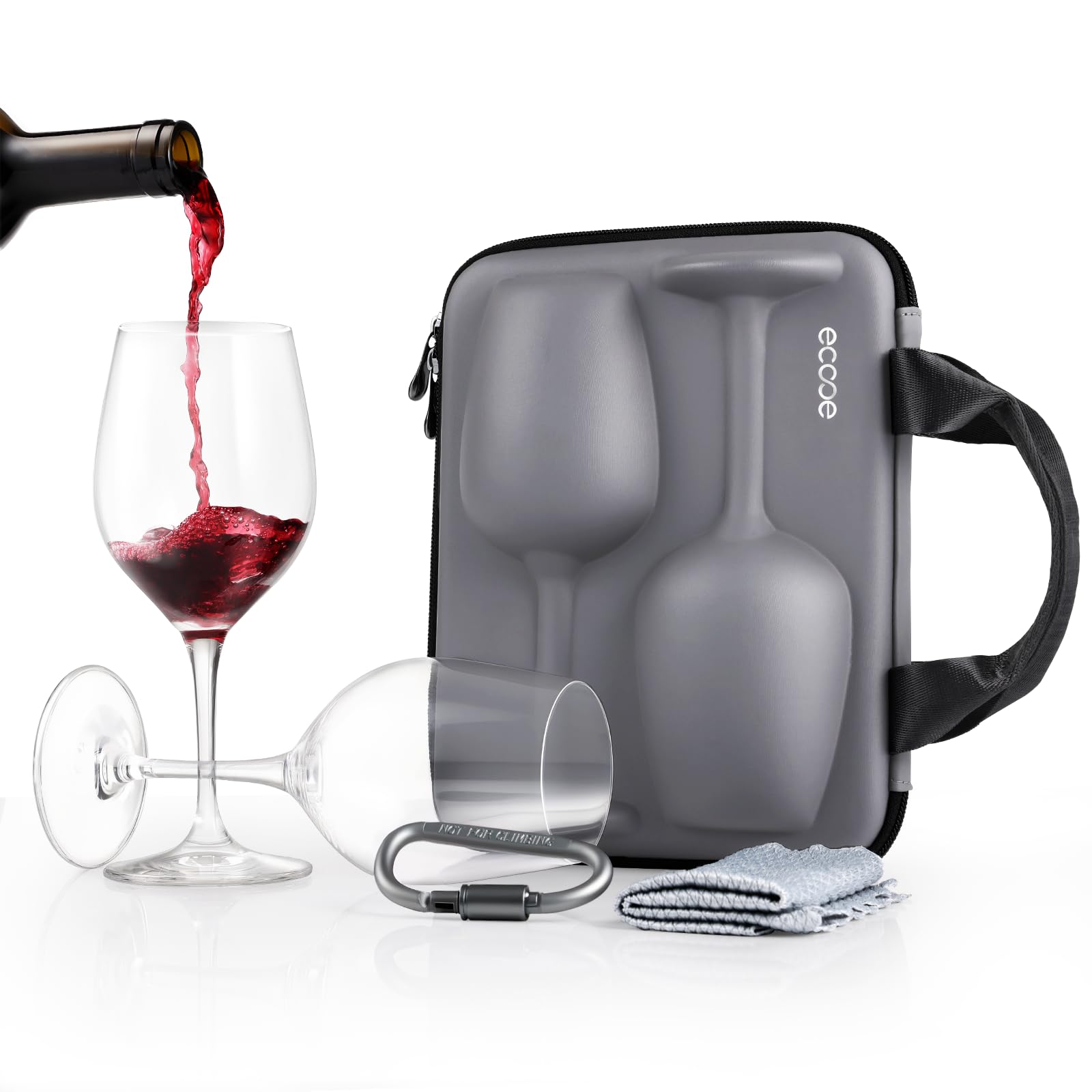 ecooe Lot de 2 verres à vin à emporter avec étui de protection et chiffon de nettoyage - Verres à vin à emporter pour les excursions à la plage, les pique-niques en plein air, cadeau pour les amateurs