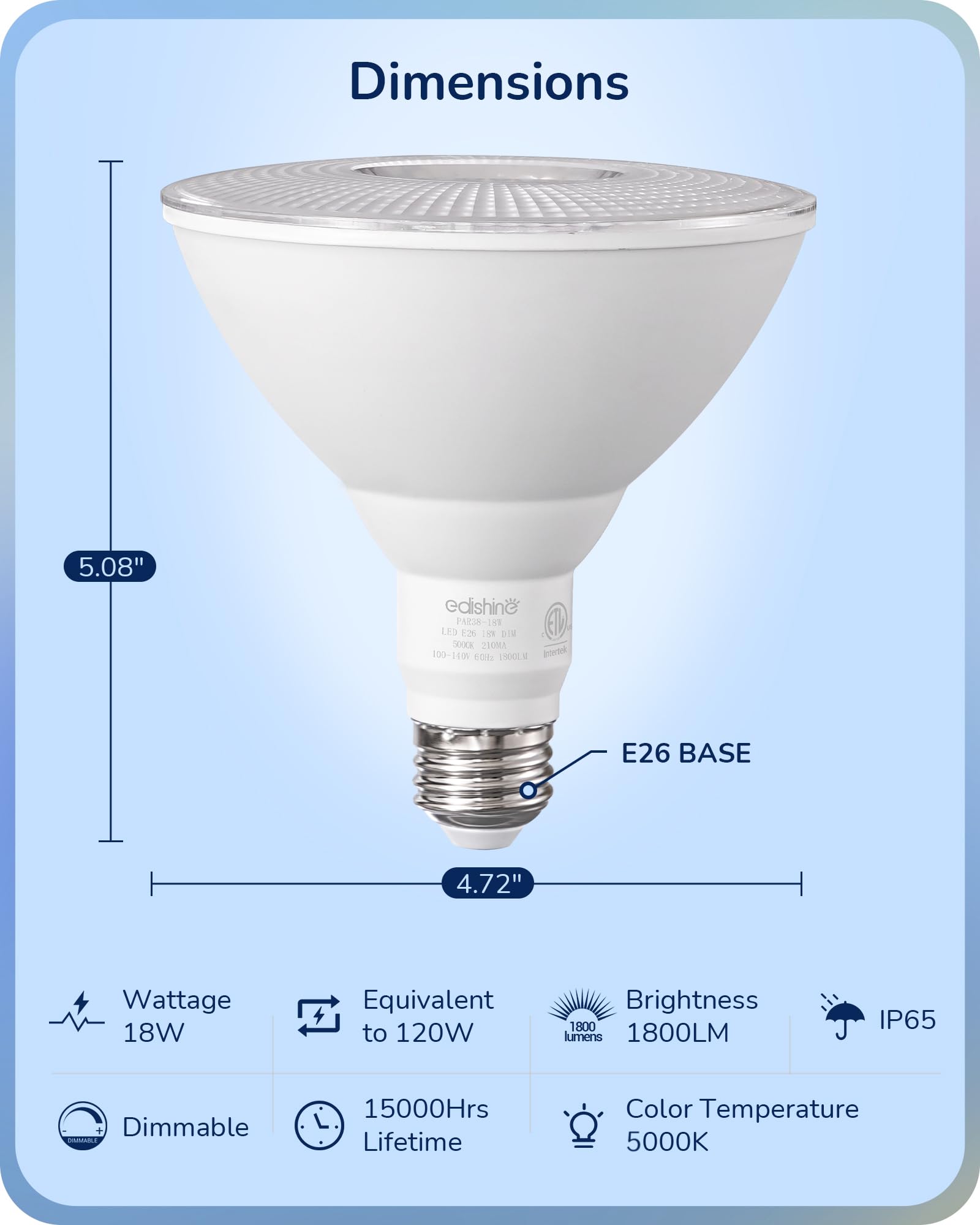Bombillas de luz de inundación, bombillas LED PAR38 para exteriores, equivalente a 120 W, regulable, impermeable, para patio, porche, entrada, garaje, 5000 K, luz blanca diurna, 18 W, 1800 8