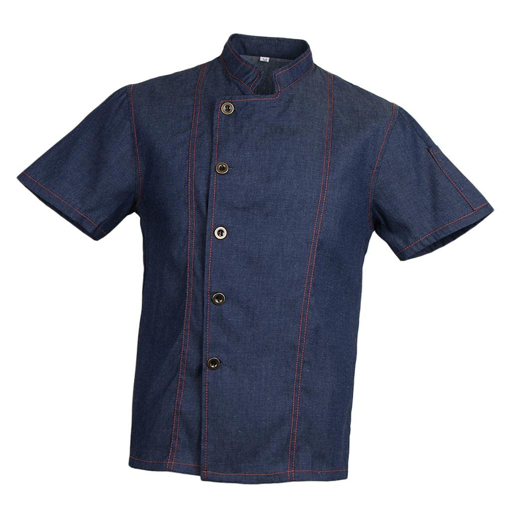 Unisex Denim Chef Jacket Coat Short Sleeves Shirt Kitchen Uniform Blue 2XL-image-4