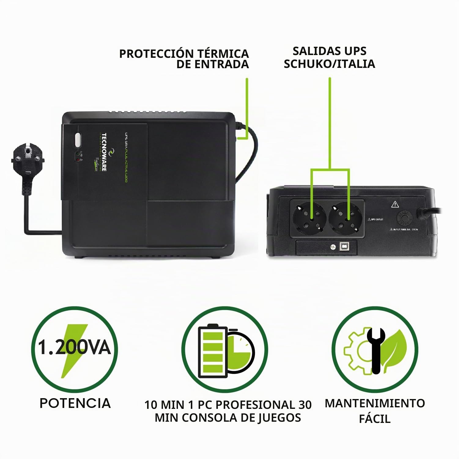 Tecnoware Power Systems - UPS ERA Plus Active 1200, Protección Apagón para PC con PFC Activo, Mac, Consola Gaming, AVR, USB, 10min PC, 30min Consola, Listo para Usar