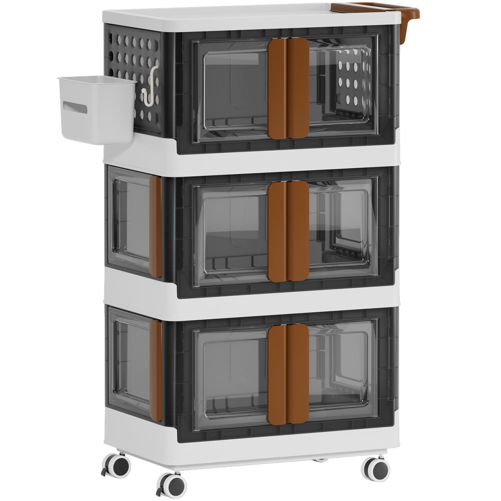 Photo 1 of HAIXIN 3 Tier Rolling Cart Rolling Storage Cart with Drawer Plastic Kitchen Cart with Handle, Rolling Storage Cart with Bins 4 Directions Opening Grocery Cart with 4 Hook, Heavy-Duty Storage Trolley