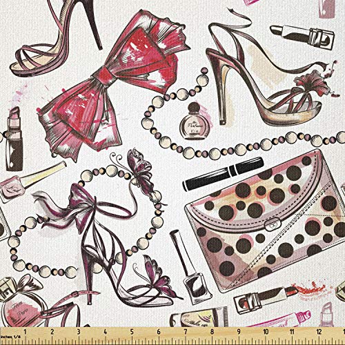 Lunarable Tecido fashion da The Yard, conceito de objetos femininos com maquiagem batom perfume sapatos de salto alto e bolsa de mão, tecido de malha elástica para costura de roupas e artesanato artístico, 3 jardas, rosa vermelho