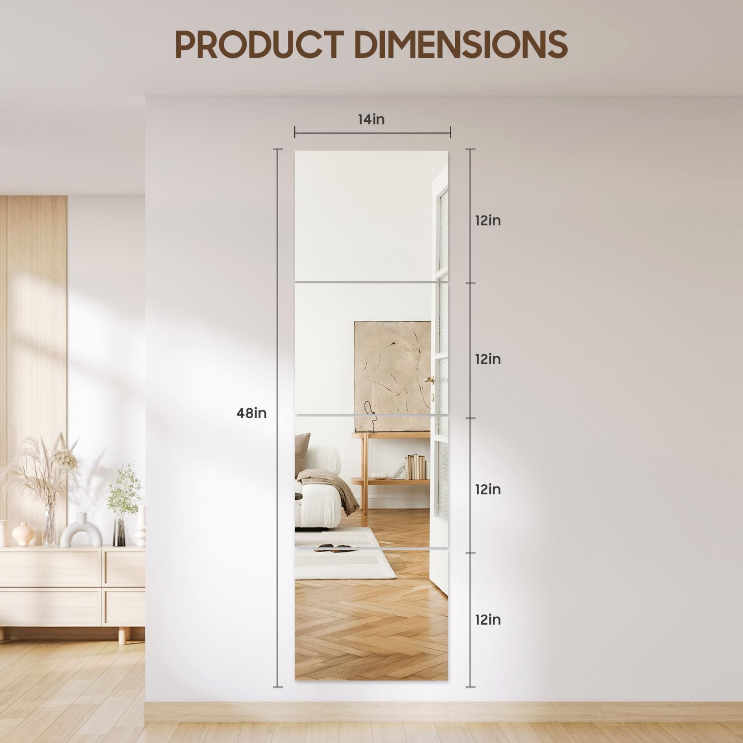 4PCS 14"x12" Full Length Wall Mirror Tiles,Wall Mirrors Decorative Shatterproof Self Adhesive Glass Mirror Tiles for Bedroom,Dorm, Gym