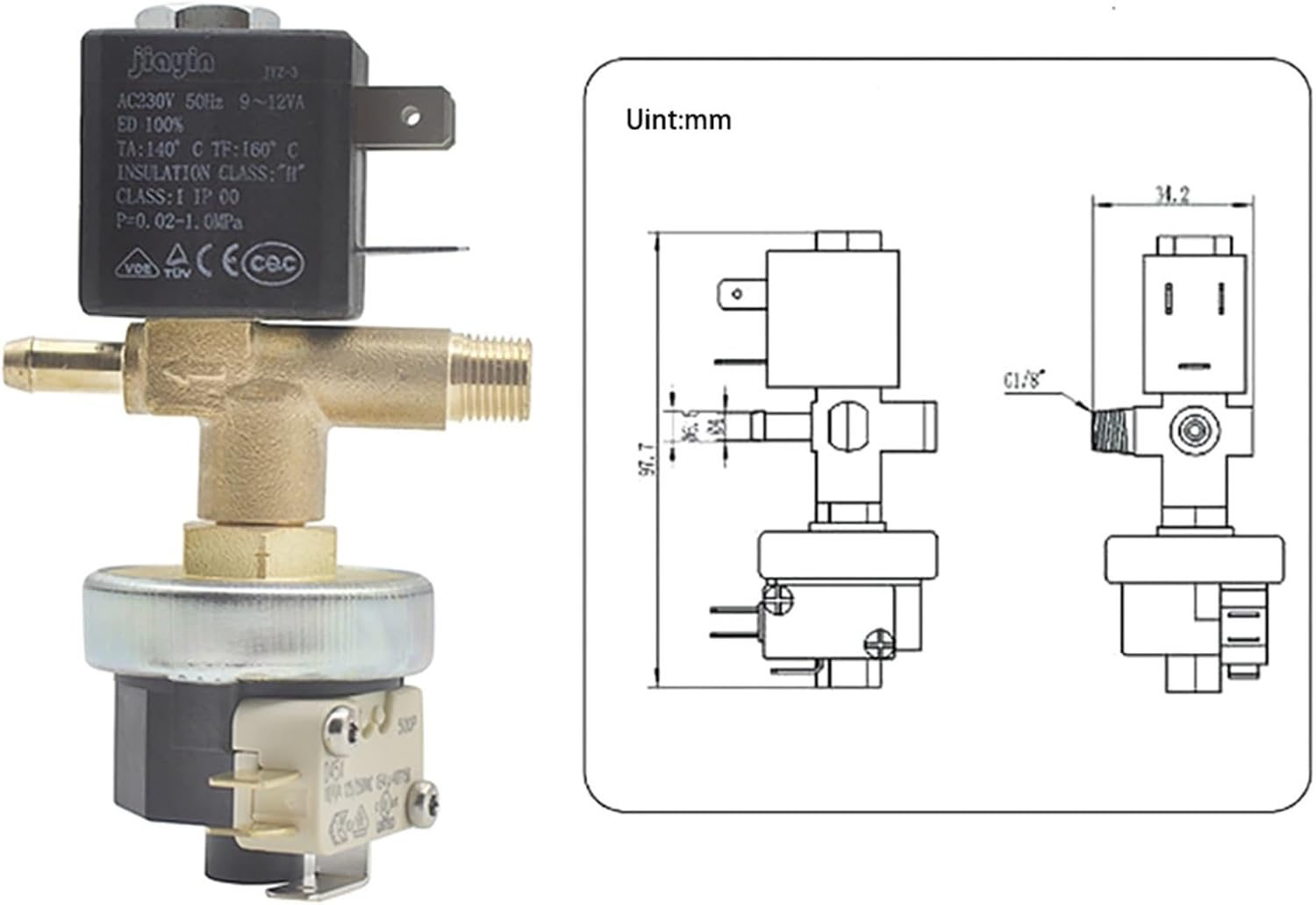 JYZ-3 N/C 2 Way AC 230V G1/8" Brass Iron Steam Water Gas Double Link Solenoid Water Valve with Pressure Switch Combinatio