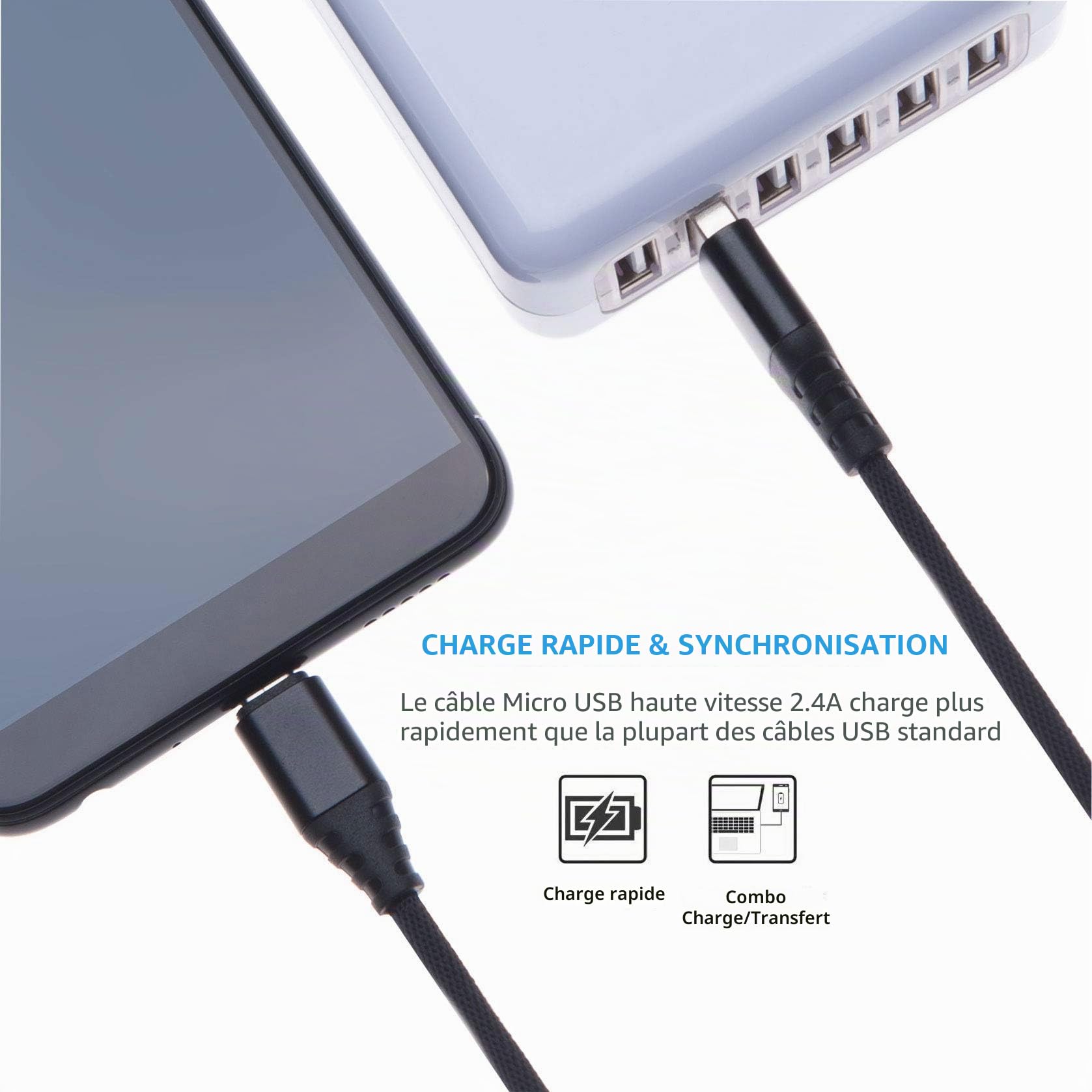 Keple Câble Micro USB Chargement Rapide Chargeur de Données en Nylon Compatible avec Game Controllers PlayStation PS4, PS3 / Xbox One, One S, One X, Elite Contrôleur | USB B Haute Vitesse (2m)