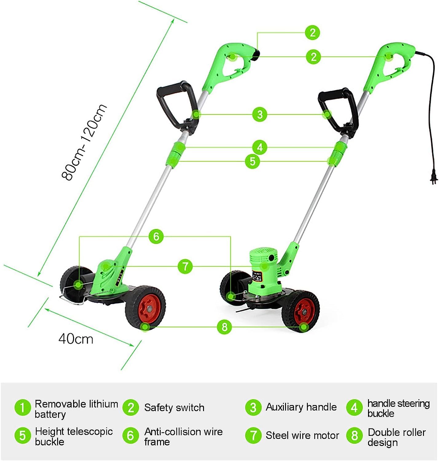 NAKEAH Cortacésped eléctrico, cortacésped multifunción 2 en 1, batería extraíble, orientable, 180 °, Longitud Ajustable, desbrozadora Manual, 4000mA