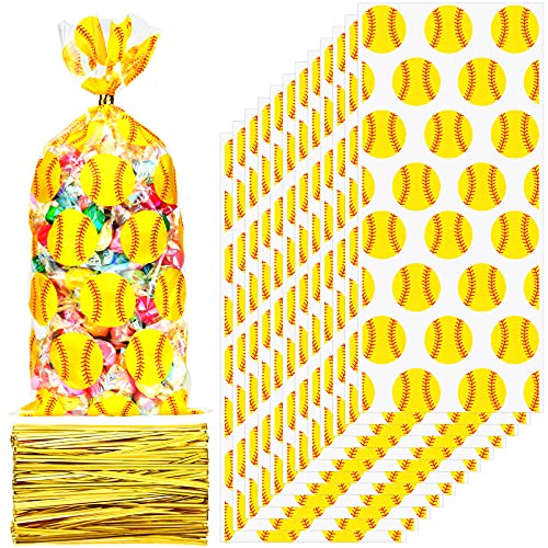 100 Pieces Softball Party Cello Bags Cellophane Softball Treat Bags Softball Goody Gift Treat Bags with 200 Gold Twist Ties for Birthday Favors Party Supply Bags Goody Favor Bags (Transparent)