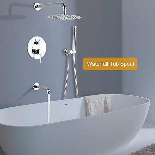 Miniatura 7 de TSIBOMU Sistema de ducha redondo con boquilla de bañera, juego de grifo de ducha de 3 funciones con cabezal de ducha de 10 pulgadas, ducha de mano,