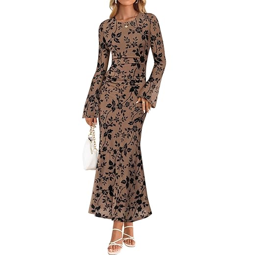 ZESICA Women's Long Sleeve Floral Bodycon Dress 2026 Spring Fall Ruched Mesh Wedding Guest Cocktail Party Maxi Dresses